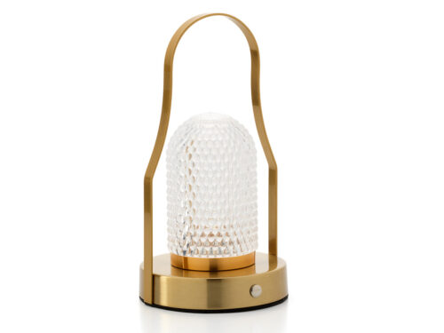 Tafellamp Jiskane Messing met witte geribbelde kap en elegante boog van messingkleurig ijzer