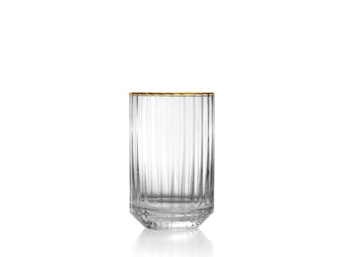 Mok Roornine Glas Naturel, handgemaakt gerecycled glas met gouden rand en ribbelstructuur in helder ontwerp