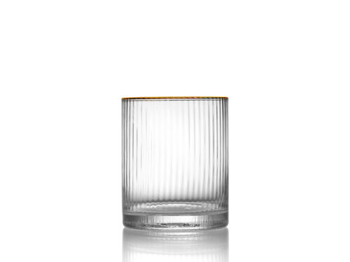 Lowballglas Fleebang naturel glas met geribbelde wanden en subtiele gouden rand, compact en stijlvol