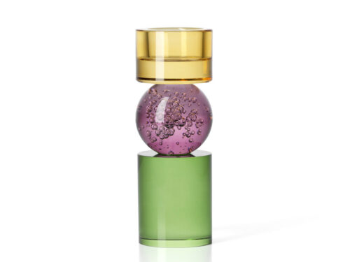 Kandelaar Kleemmund Lila met groene cilinderbasis, bubbelende lila bol en amberkleurige rand
