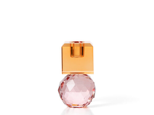 Kandelaar Hinsy Roze van glas met gefacetteerde roze basis en amberkleurige kubustop