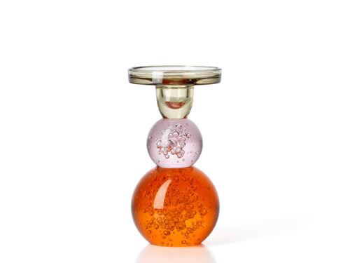 Kandelaar Beerond Glas Oranje met mondgeblazen gerecycled glas, transparante oranje-roze bollen en ronde vorm