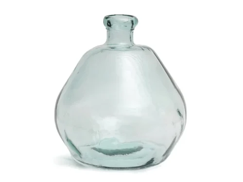 Vaas Fluvos van blauw gerecycled glas, rond en sculpturaal met subtiele textuur en zichtbare glasnaad