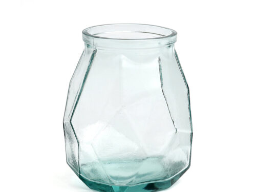 Vaas Piran glas blauw van gerecycled glas met sculpturale, geometrische vorm