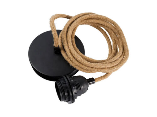 Plafondlamp Rondund Naturel met zwarte kap, naturel textielsnoer en E27-fitting voor één lamp
