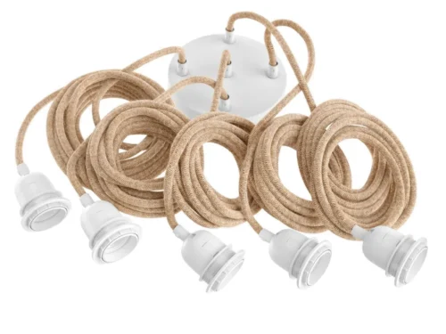 Hanglamp Iapetus Naturel met vijf witte E27-fittingen en naturel koordafwerking