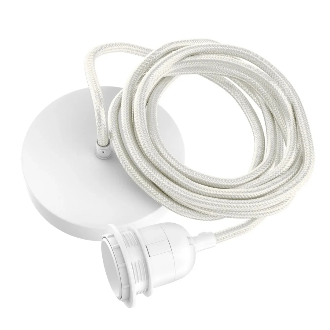Witte Plafondlamp Kleilol Katoen met ronde plafondplaat en textiele kabel voor één pendellamp