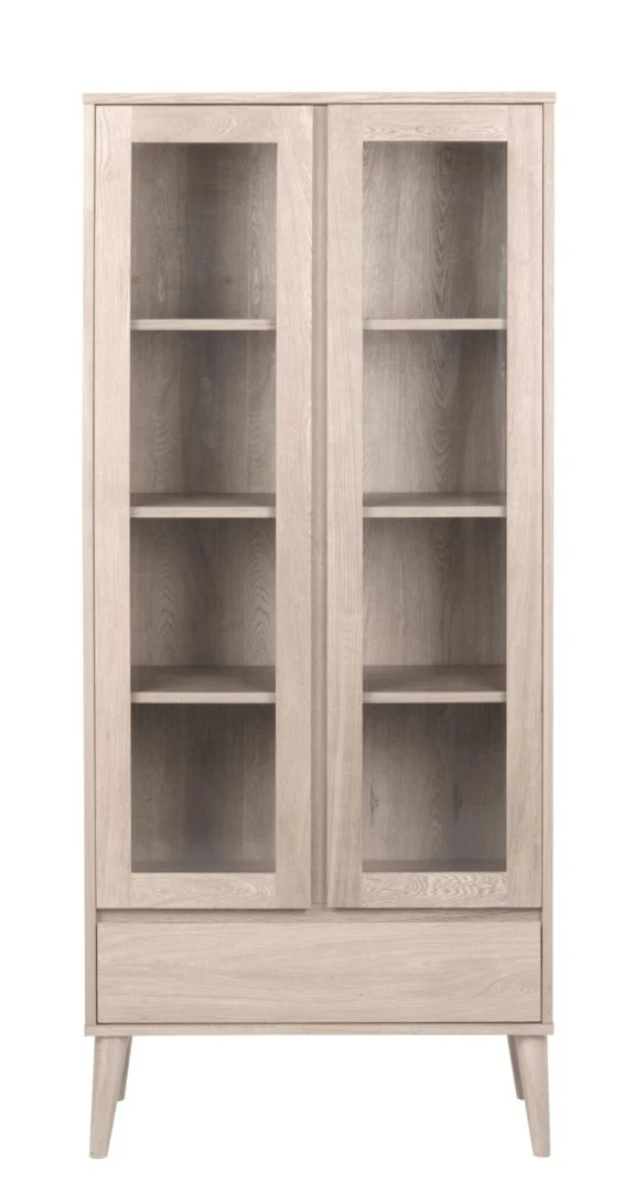 Vitrinekast Graustena wit 80 cm met glazen deuren, eikenfineer en verstelbare planken