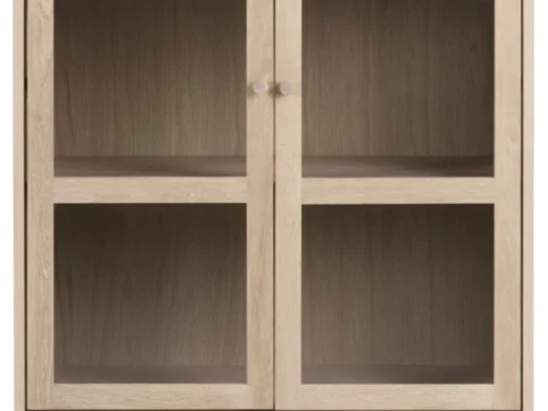 Vitrinekast Surnea Wit 80 cm met glazen deuren, eikenfineer en open vakken op slanke poten
