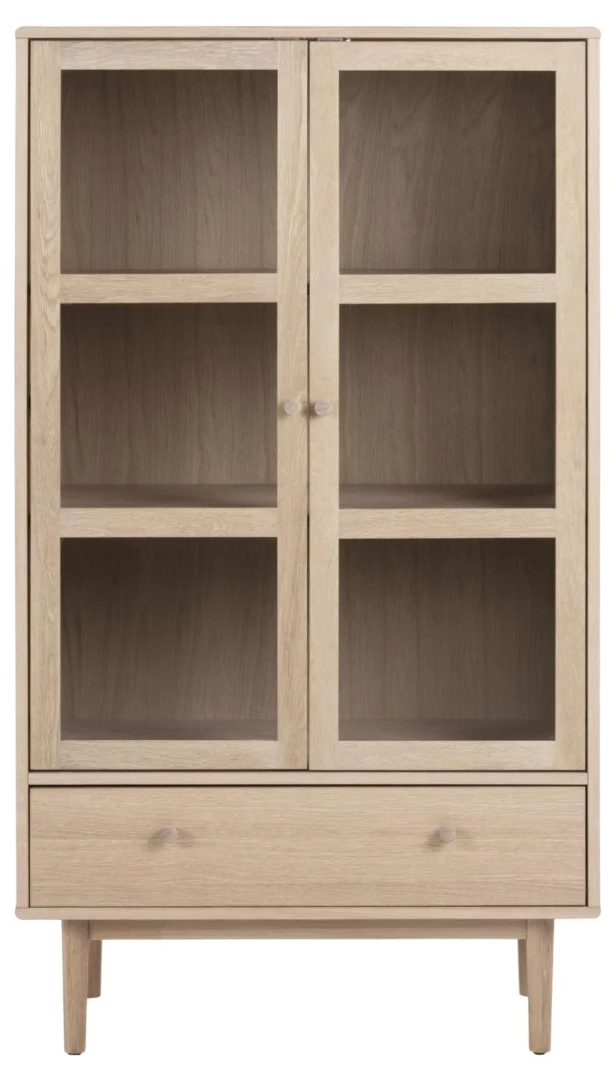 Vitrinekast Surnea Wit 80 cm met glazen deuren, eikenfineer en open vakken op slanke poten