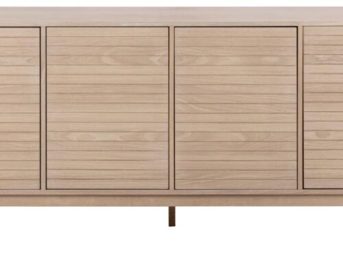 Dressoir Jurmel Wit 180 cm met lamellenfronten, vier deuren en geolied eikenfineer in strak, modern design