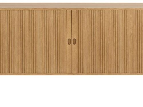 Dressoir Pantesta 160 cm van MDF met eikenfineer, lamellenfront en twee deuren in warme eikenkleur