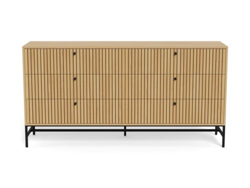 Ladekast Rontes Naturel 157,9 cm met zes lades, eikenlook en zwart metalen onderstel