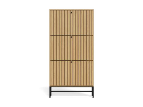 Schoenenkast Staakun Naturel 71,6 cm met lamellenfront, drie lades en zwarte poten