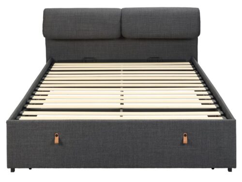 Bed Trissek grijs 140x190 met gestoffeerd hoofdbord en matzwarte stalen poten