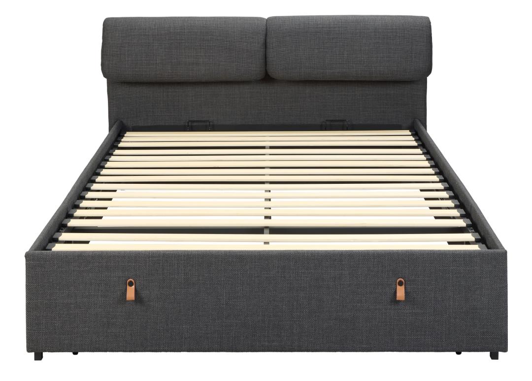 Bed Trissek grijs 140x190 met gestoffeerd hoofdbord en matzwarte stalen poten