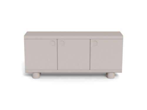 Dressoir Flaskoro grijs 160 cm met drie deuren, strakke vorm en houten poten