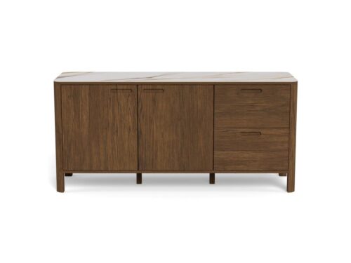 Dressoir Brierrone Crème 160 cm met houten fineer, twee deuren, twee lades en keramisch bovenblad