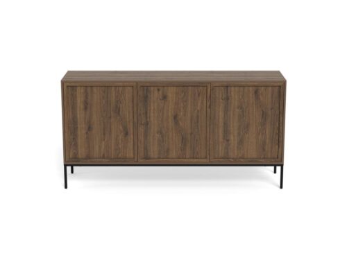Dressoir Skaalia rookgrijs 158 cm met 3 deuren, gerookt eiken look en matzwarte stalen poten