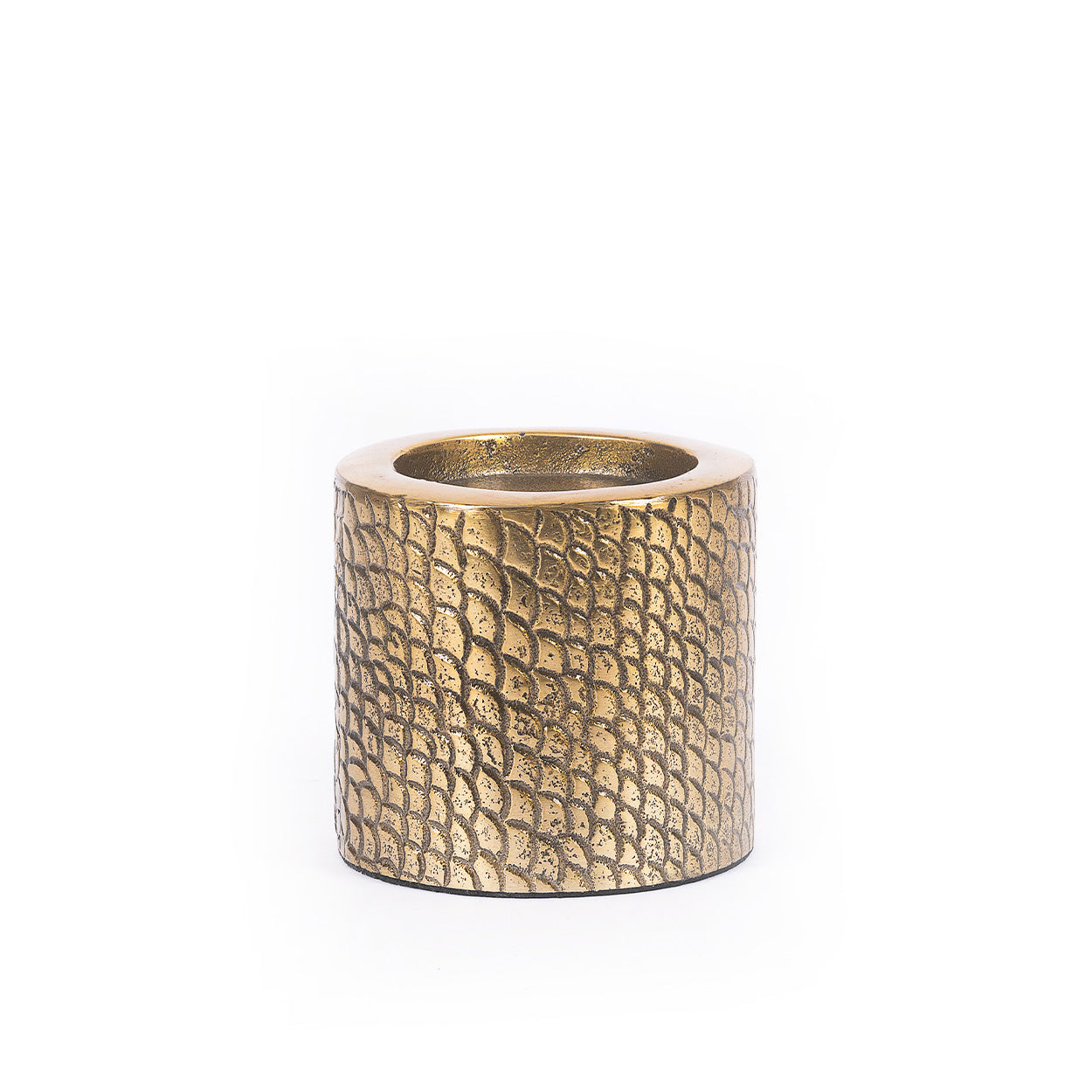 Kandelaar Klansol van aluminium met messing kleur en krokodillenprint, compact en decoratief woonaccessoire