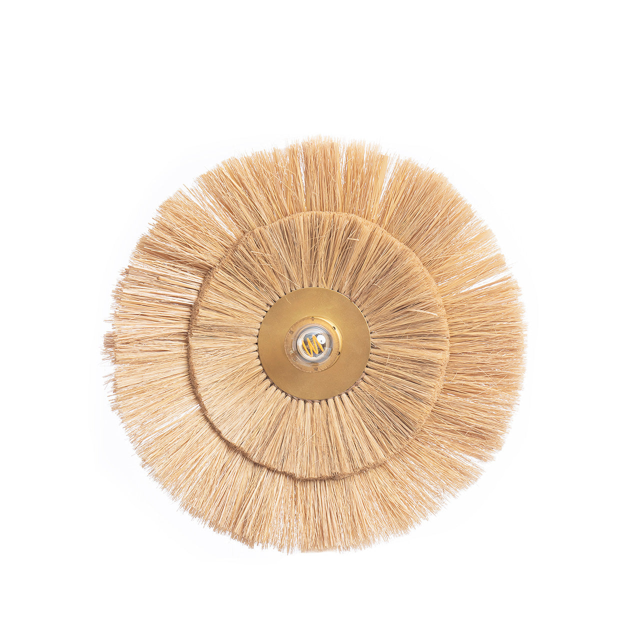 Wandlamp Nires Naturel met geweven gras en goudkleurig ijzer, ronde dubbele vorm voor warme sfeer