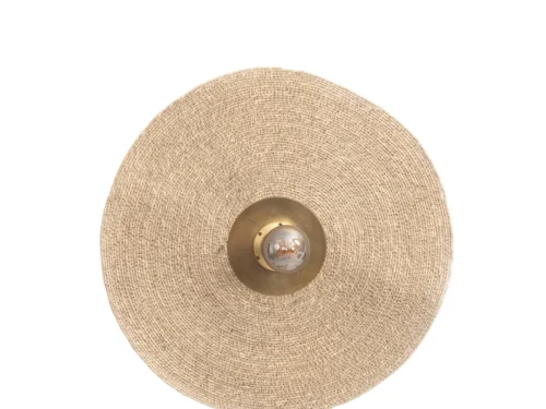 Wandlamp Praarik Naturel met gevlochten gras en naturel messing, ronde platte vorm