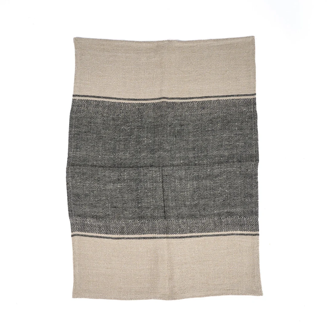 Woonaccessoire Slaultond linnen naturel met beige en donkergrijze strepen en geweven textuur