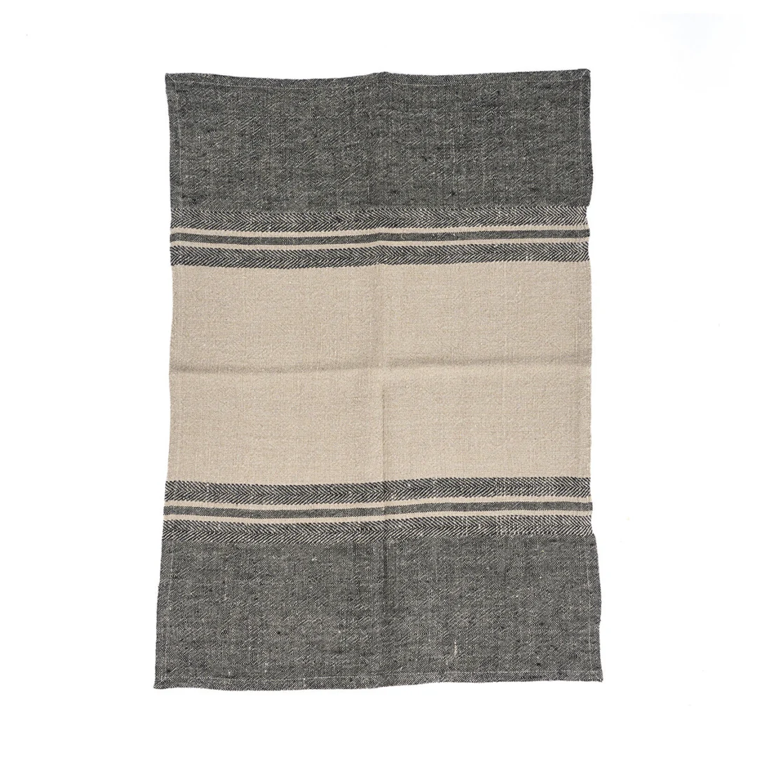 Handdoek Amalia Naturel 70x50 cm van linnen met naturel-zwarte strepen en subtiele structuur