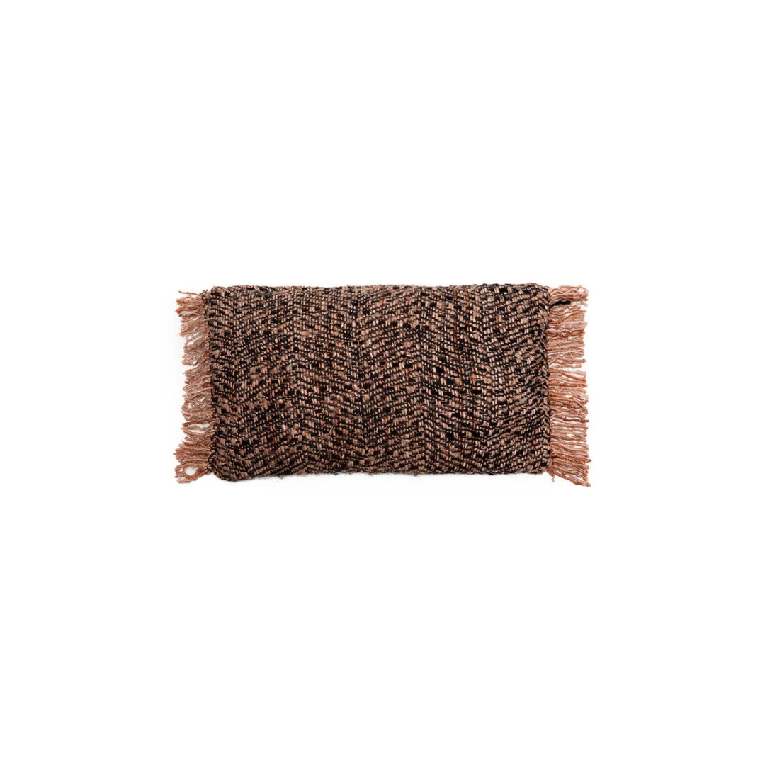 Kussenhoes Fiskoro zwart 50x30 cm met koperkleurige franjes en geweven structuur