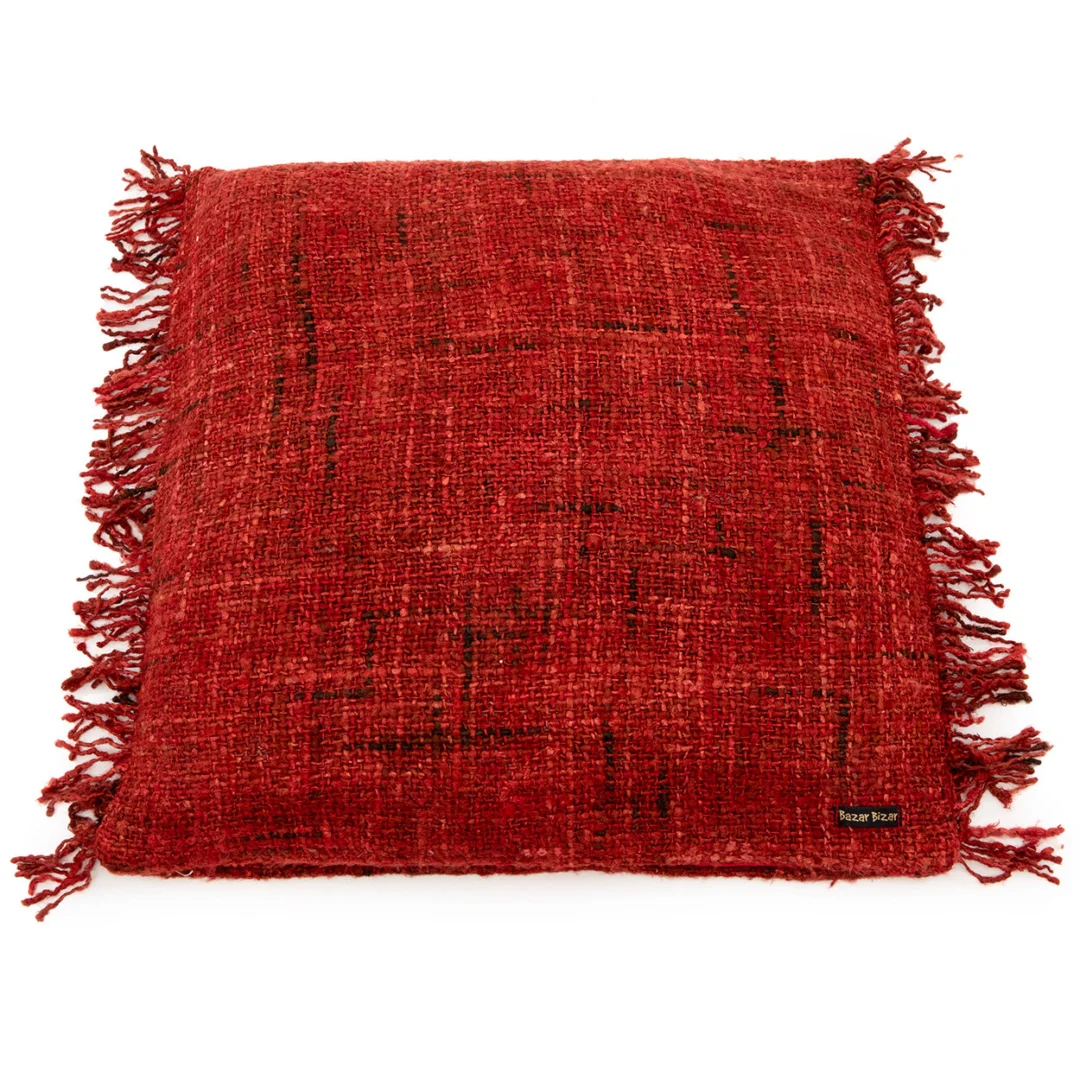 Kussenhoes Leinsello Rood 60x60 cm met grove katoenen textuur en speelse franjes