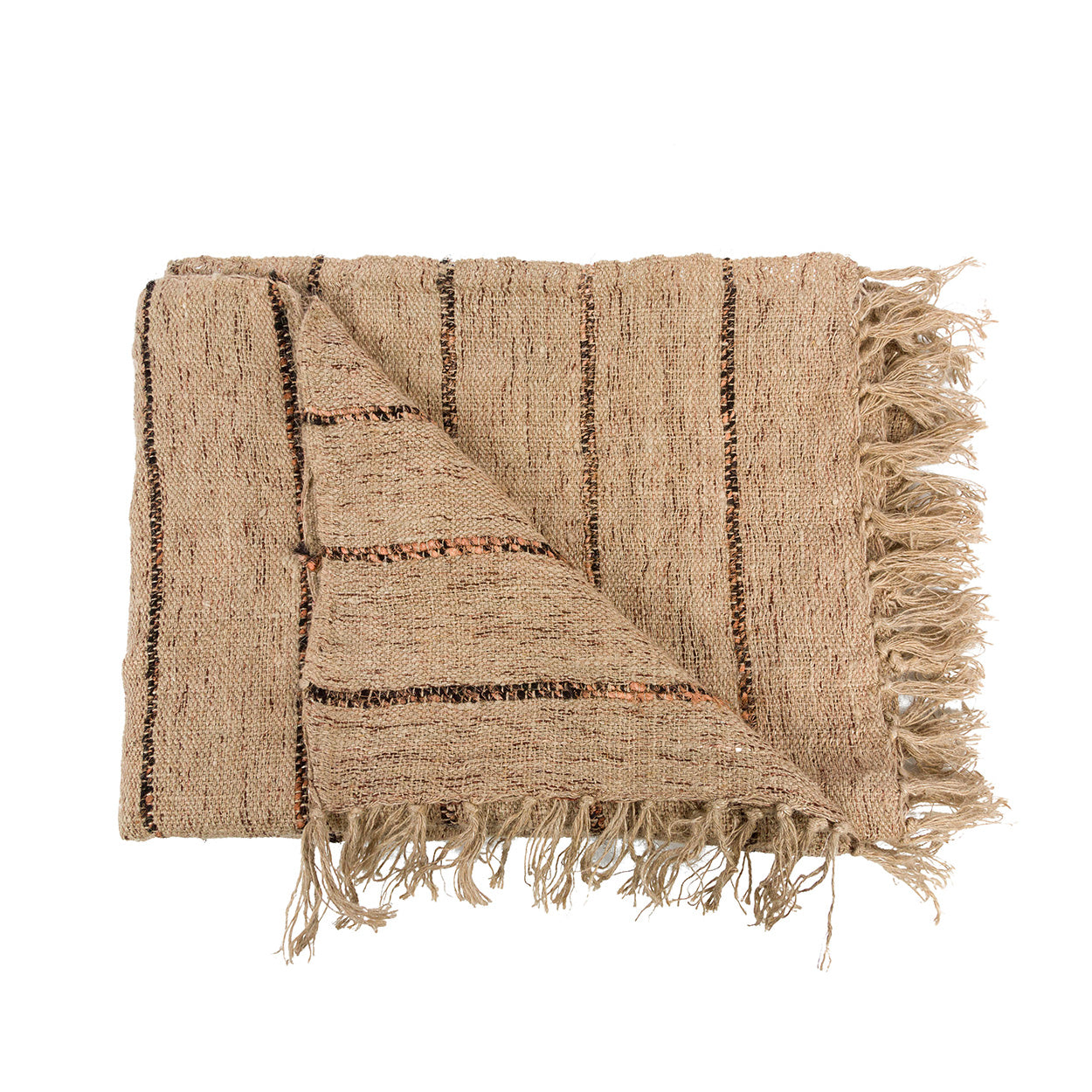 Plaid Selvang Beige, handgeweven katoenen plaid met wafelstructuur, franjes en beige-zwarte strepen
