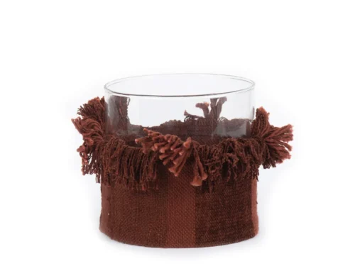 Kaarsenhouder Kledy Velvet Bordeaux met glazen inzet en zachte fluwelen afwerking in bordeaux