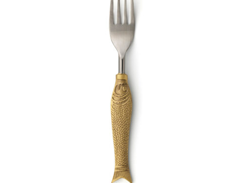 Servies Rauvond Goud visvormige vork met goudkleurig messing handvat en zilverkleurige tanden