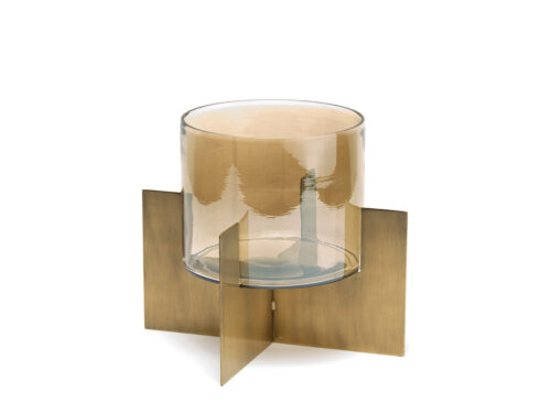 Kandelaar Maandin glas en goudkleurig messing, stijlvol tafelwindlicht met helder glas