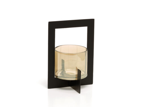Kaarsenhouder Moezel Glas Zwart met ronde glazen houder en strak zwart metalen frame