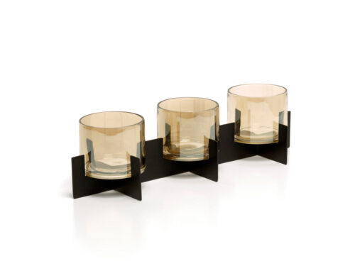 Kandelaar Vientis Glas Zwart set van 3 met heldere glazen kapjes en strakke zwarte messing voet