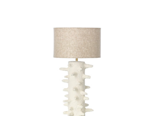 Tafellamp Cilvon Papier met sculpturale witte basis en beige linnen kap