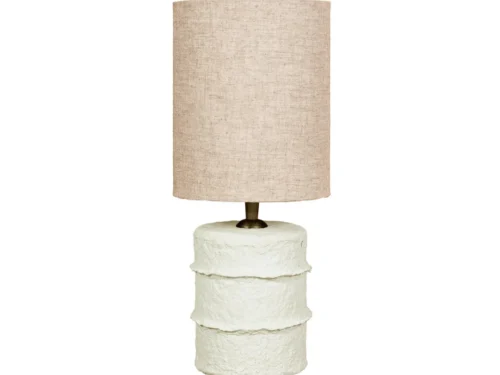 Tafellamp Zostia Wit met gelaagde papiermachévoet en beige kap, sculpturaal en sfeervol