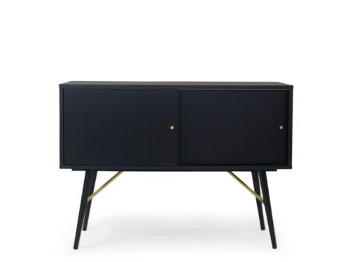 Dressoir Murano mat zwart met eikenfineer, zwarte metalen poten en messing details