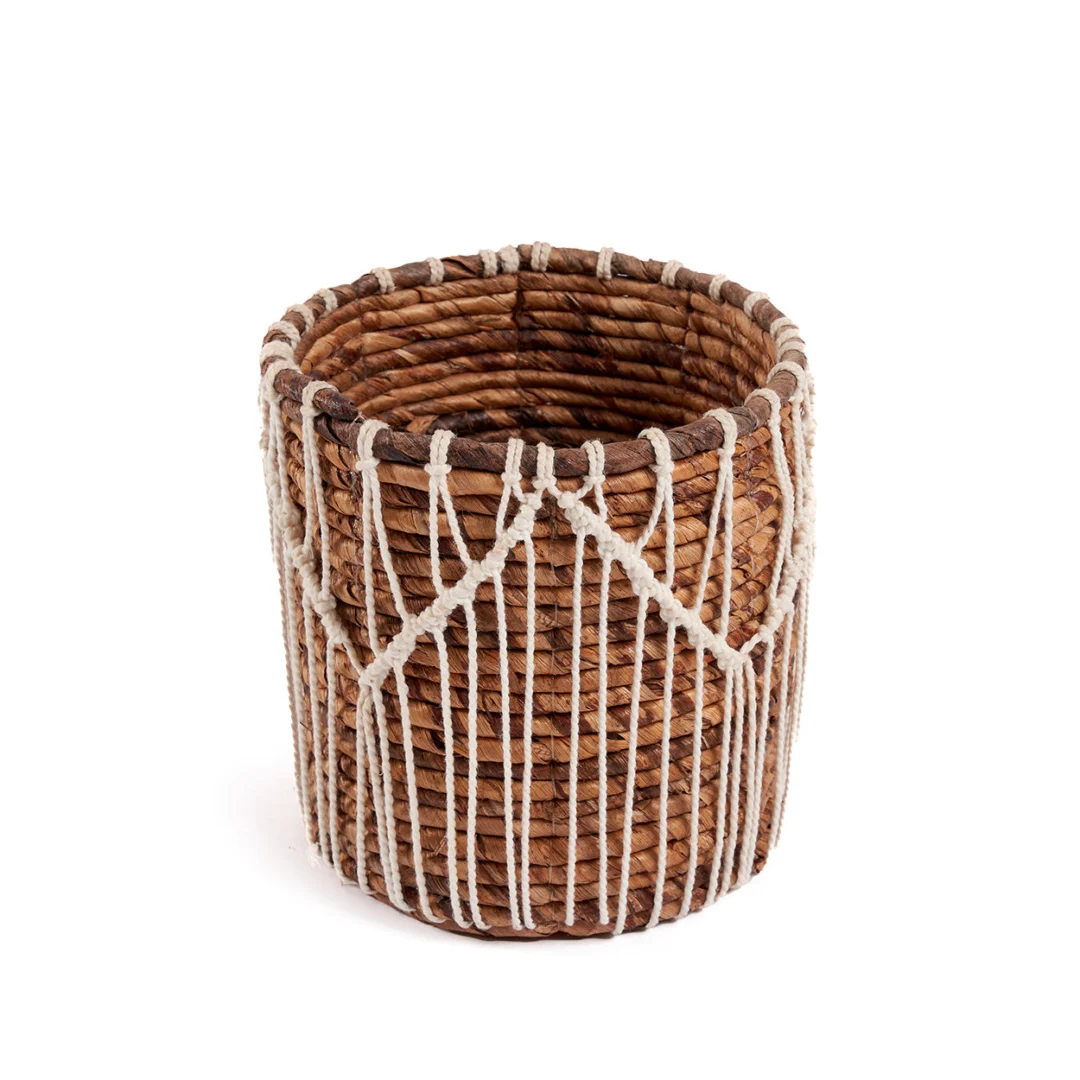 Mand Breiltura katoen naturel en wit, handgemaakte mand met macramé-details van bananenblad en katoen