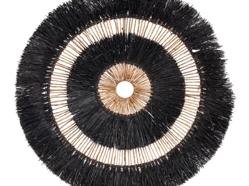 Wanddecoratie Kaumano Zwart, rond bananenblad design met zwart natuurlijke textuur en boho uitstraling