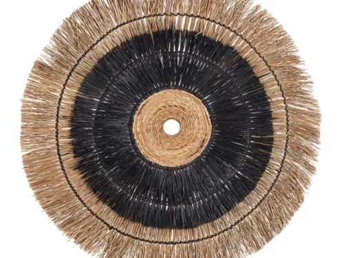 Wanddecoratie Jatel Naturel van bananenblad in naturel en zwart, ronde wanddecoratie met speelse franjes