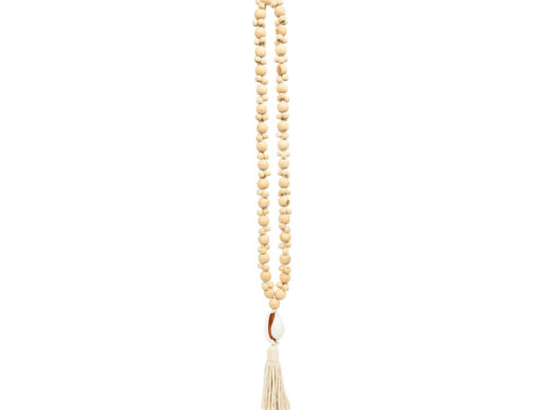 Woonaccessoire Ziermona hout naturel met schelp en kwastje, in zachte natuurwitte tinten