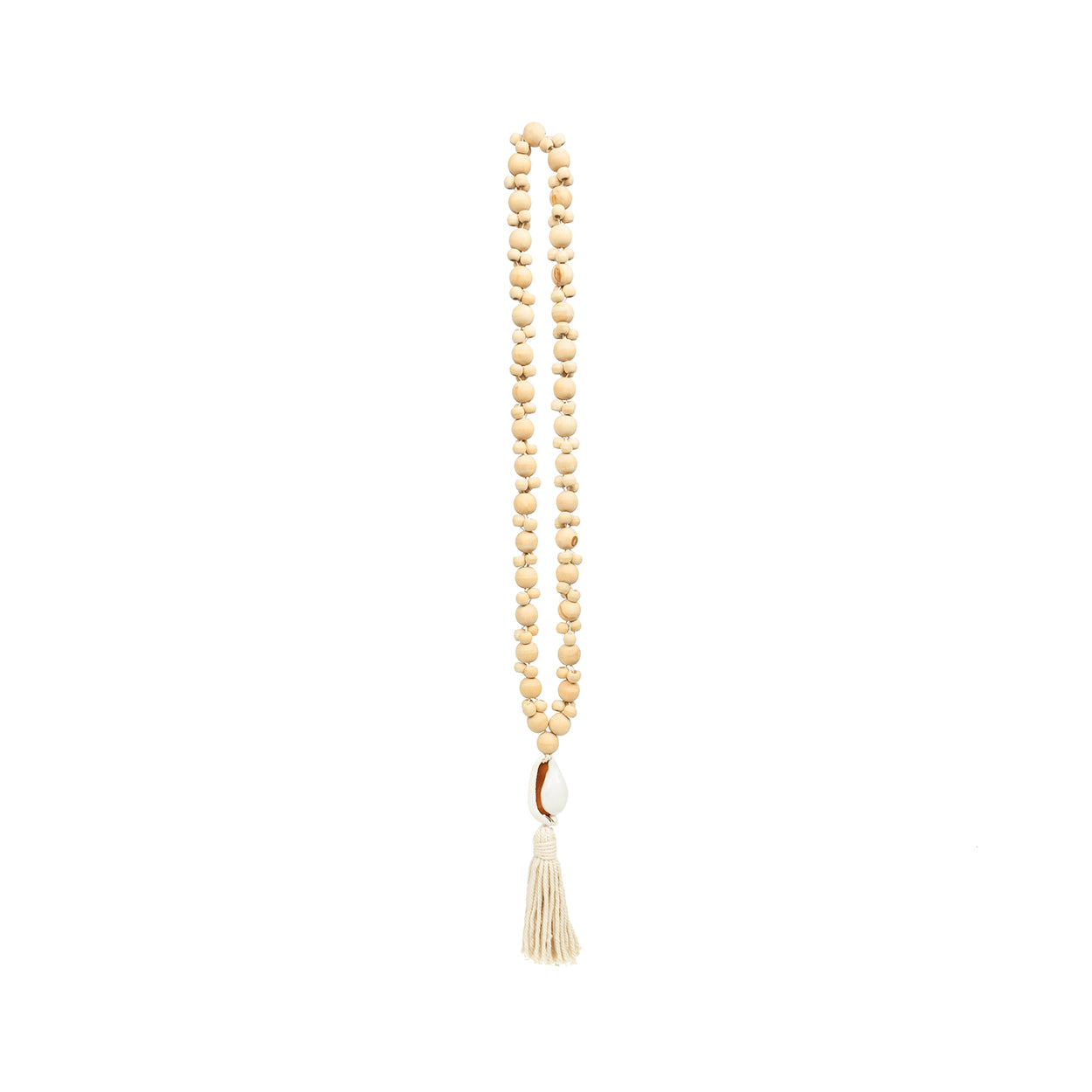 Woonaccessoire Ziermona hout naturel met schelp en kwastje, in zachte natuurwitte tinten