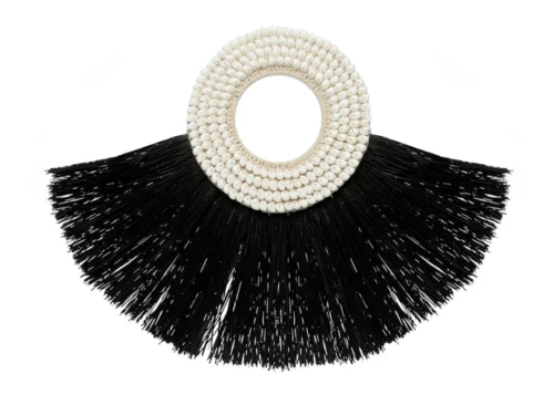 Wanddecoratie Gassos Zwart met raffia en schelpen, stijlvol zwart-wit wandpaneel met natuurlijke uitstraling
