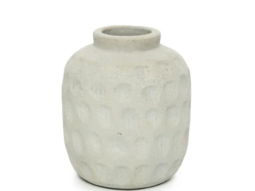 Vaas Heevona beton terracotta met compacte ronde vorm en rustieke, matte afwerking