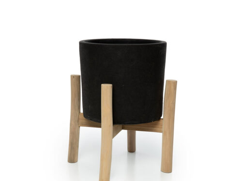 Vaas Faurdel Teak Zwart met zwarte terracotta pot en naturel teak standaard
