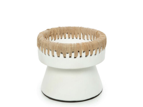 Kandelaar Keekos raffia naturel en wit, handgemaakte terracotta kaarshouder H12 cm