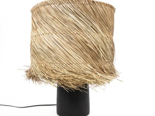 Tafellamp Nenton zwart met naturel sisalfranjes en boho-uitstraling, sfeervolle lampenkap en zwarte voet