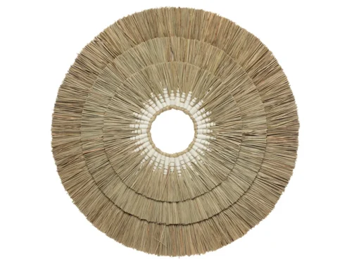 Wanddecoratie Leelas Naturel van mendonggras, rond handgemaakt wanddecor in naturel wit